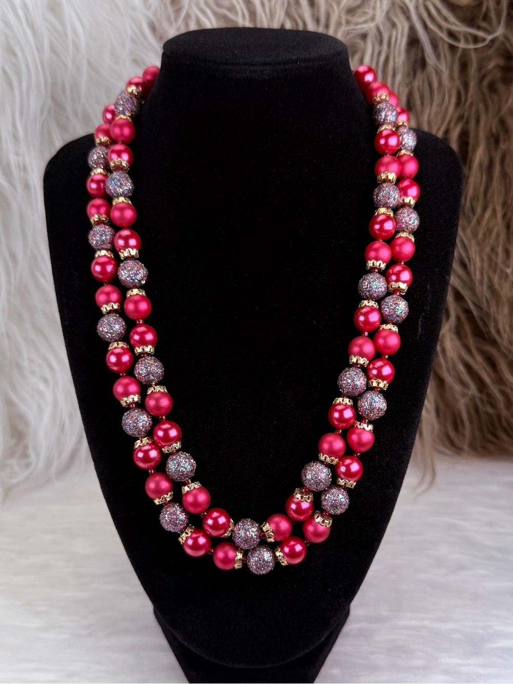 Vintage Japan Double Strand Pink Bead Statement Necklace Gold Tone